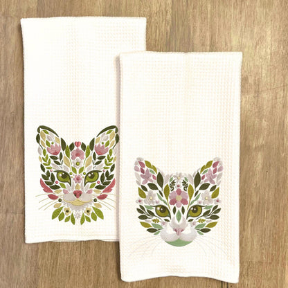 Floral Cat Face Tea Towel or Tote Collection Waffle Weave Cat Lover Decor