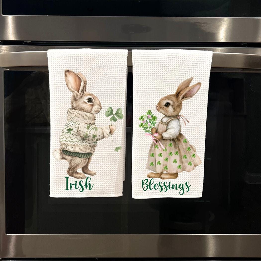 Irish Blessings Bunny Rabbit Tea Towel: St. Patrick's Day Kitchen Decor