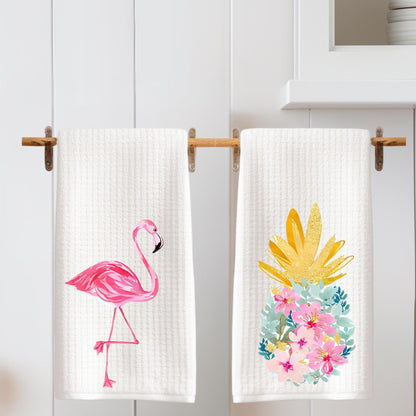 Tropical Kitchen Tea Towel: Palm Beach Flamingo, Pineapple, Palm Tree