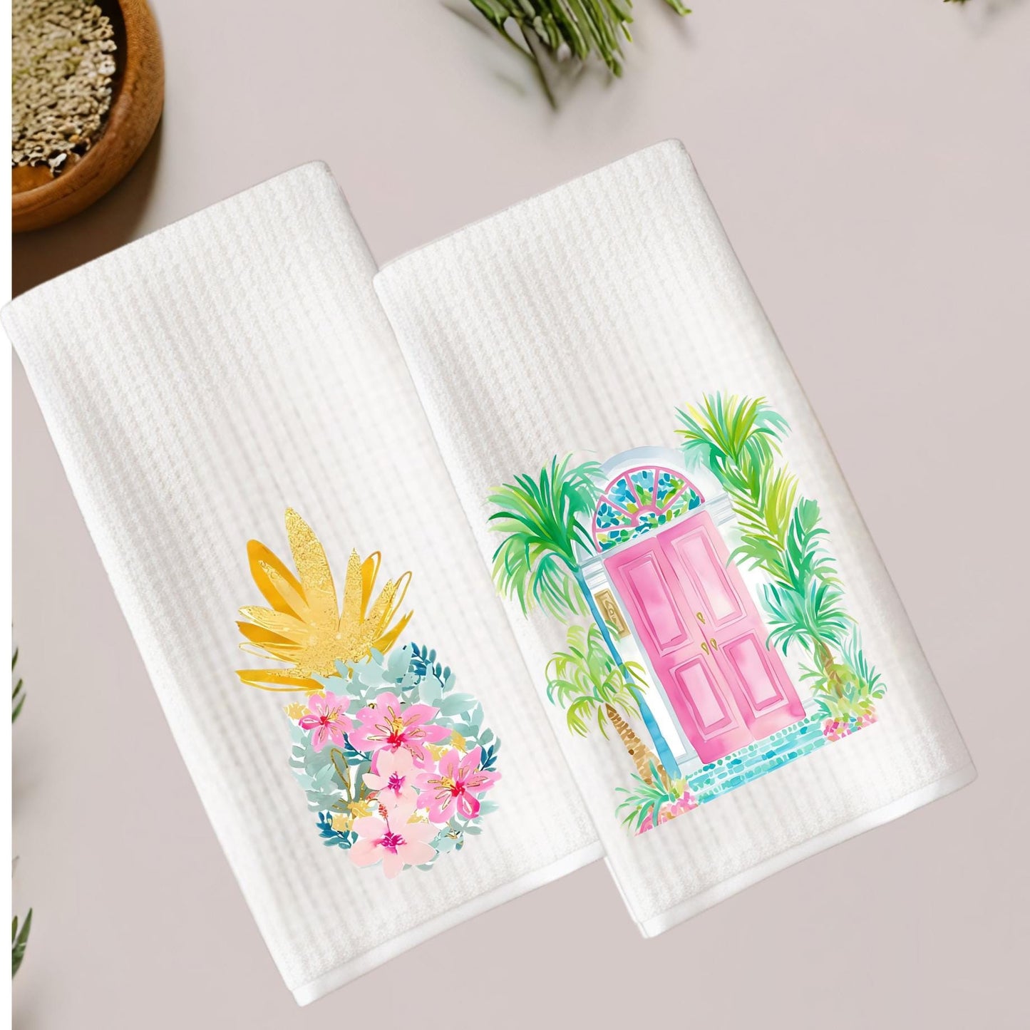 Tropical Kitchen Tea Towels - Palm Beach Preppy Door or Pineapple - Bright Waffle Weave Towels
