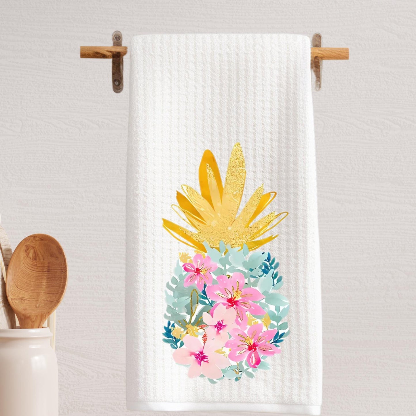 Tropical Kitchen Tea Towels - Palm Beach Preppy Door or Pineapple - Bright Waffle Weave Towels