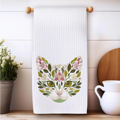 Floral Cat Face Tea Towel or Tote Collection Waffle Weave Cat Lover Decor