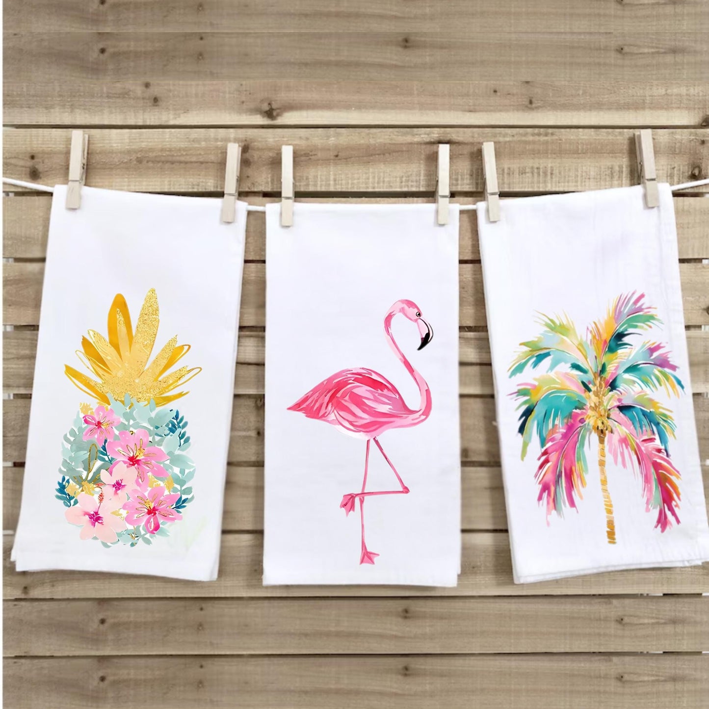 Tropical Kitchen Tea Towel: Palm Beach Flamingo, Pineapple, Palm Tree