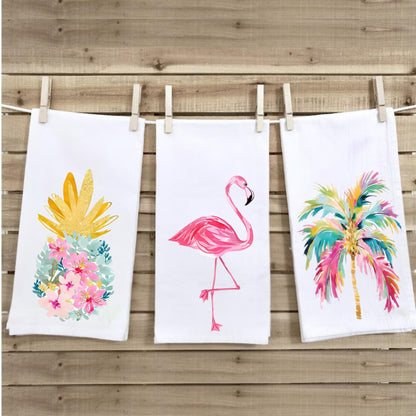 Tropical Kitchen Tea Towel: Palm Beach Flamingo, Pineapple, Palm Tree