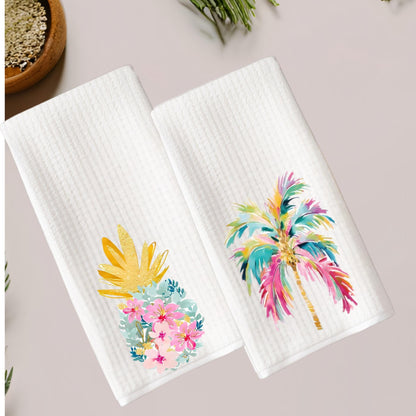 Tropical Kitchen Tea Towel: Palm Beach Flamingo, Pineapple, Palm Tree