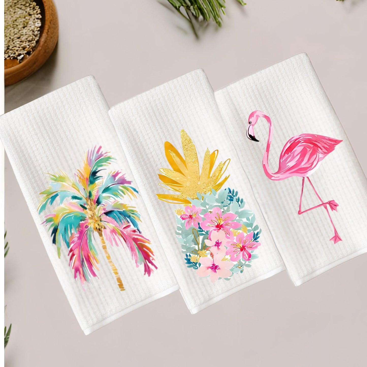 Tropical Kitchen Tea Towel: Palm Beach Flamingo, Pineapple, Palm Tree