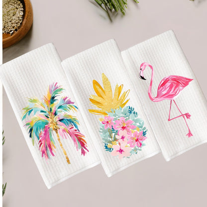 Tropical Kitchen Tea Towel: Palm Beach Flamingo, Pineapple, Palm Tree