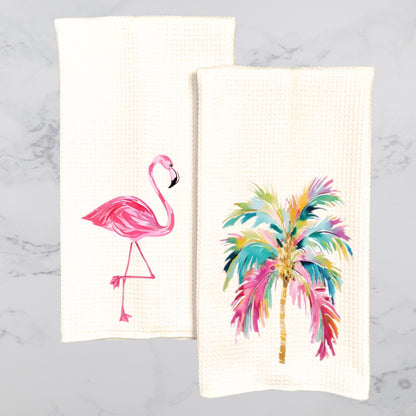 Tropical Kitchen Tea Towel: Palm Beach Flamingo, Pineapple, Palm Tree