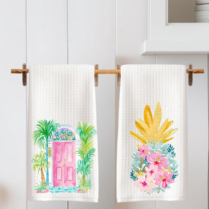 Tropical Kitchen Tea Towels - Palm Beach Preppy Door or Pineapple - Bright Waffle Weave Towels