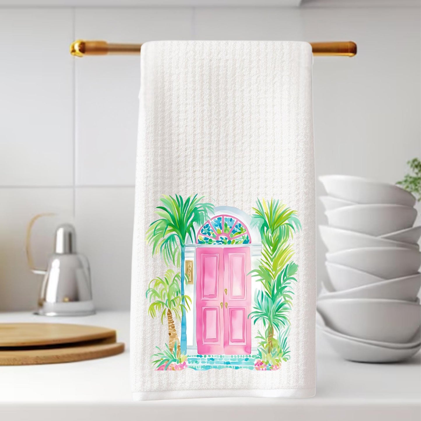 Tropical Kitchen Tea Towels - Palm Beach Preppy Door or Pineapple - Bright Waffle Weave Towels