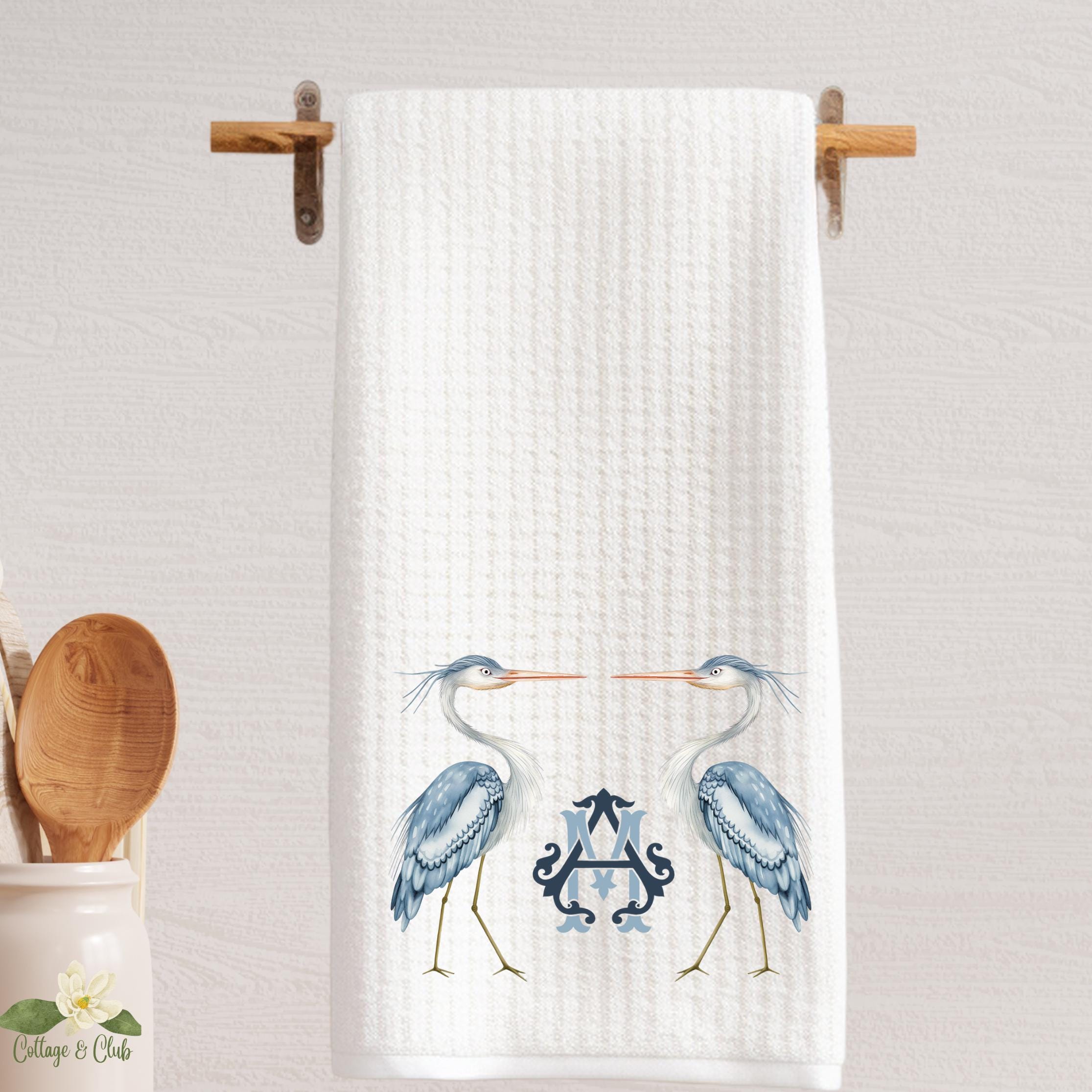 Blue Heron Monogram Tea Towel