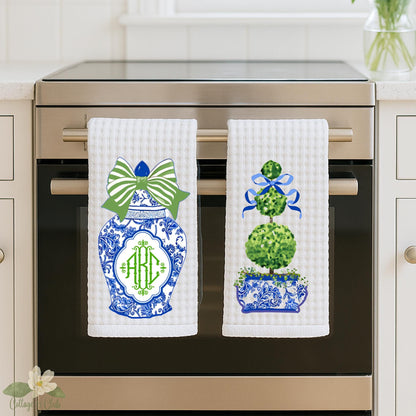 Blue & White Ginger Jar Topiary Tea Towel Set: Grand Millennial Decor
