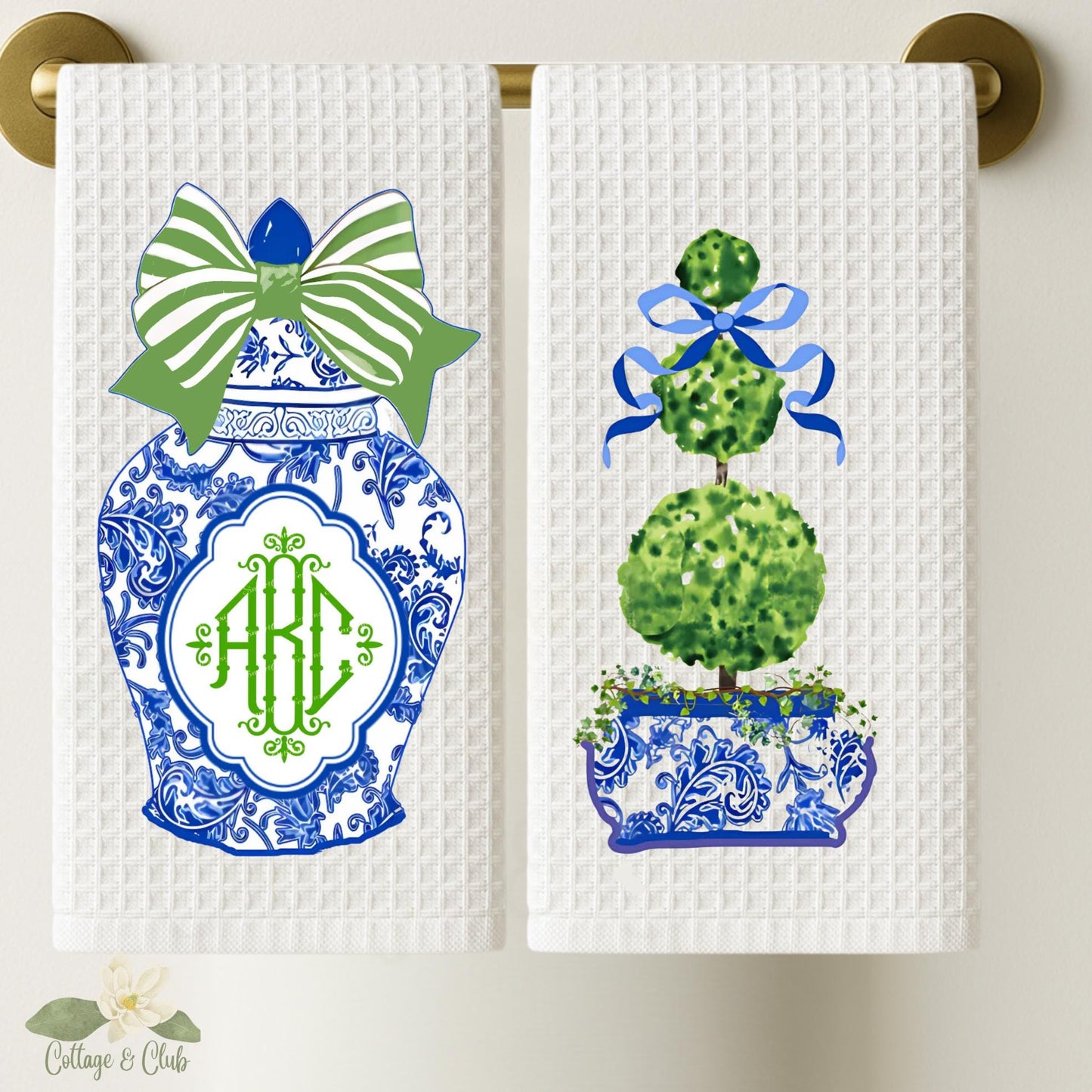 Blue & White Ginger Jar Topiary Tea Towel Set: Grand Millennial Decor