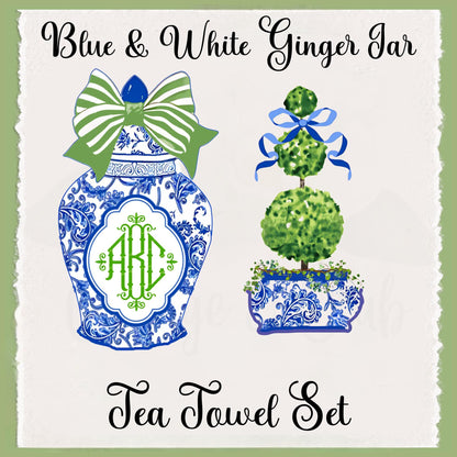 Blue & White Ginger Jar Topiary Tea Towel Set: Grand Millennial Decor