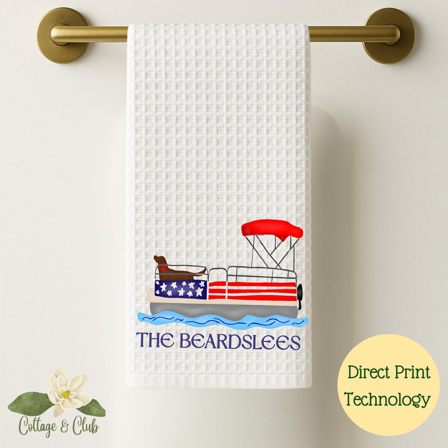 Patriotic Pontoon Boat Tea Towel: Red, White & Blue 4th of July Decor