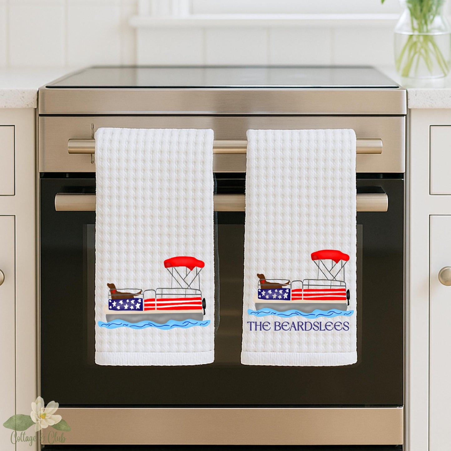 Patriotic Pontoon Boat Tea Towel: Red, White & Blue 4th of July Decor