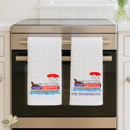 Patriotic Pontoon Boat Tea Towel: Red, White & Blue 4th of July Decor