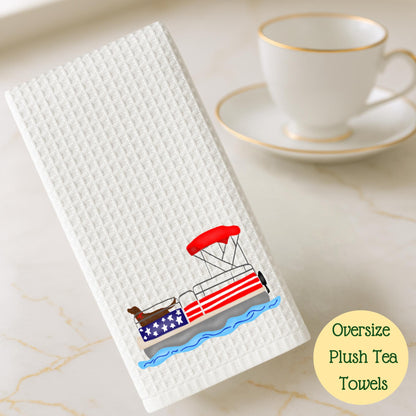 Patriotic Pontoon Boat Tea Towel: Red, White & Blue 4th of July Decor