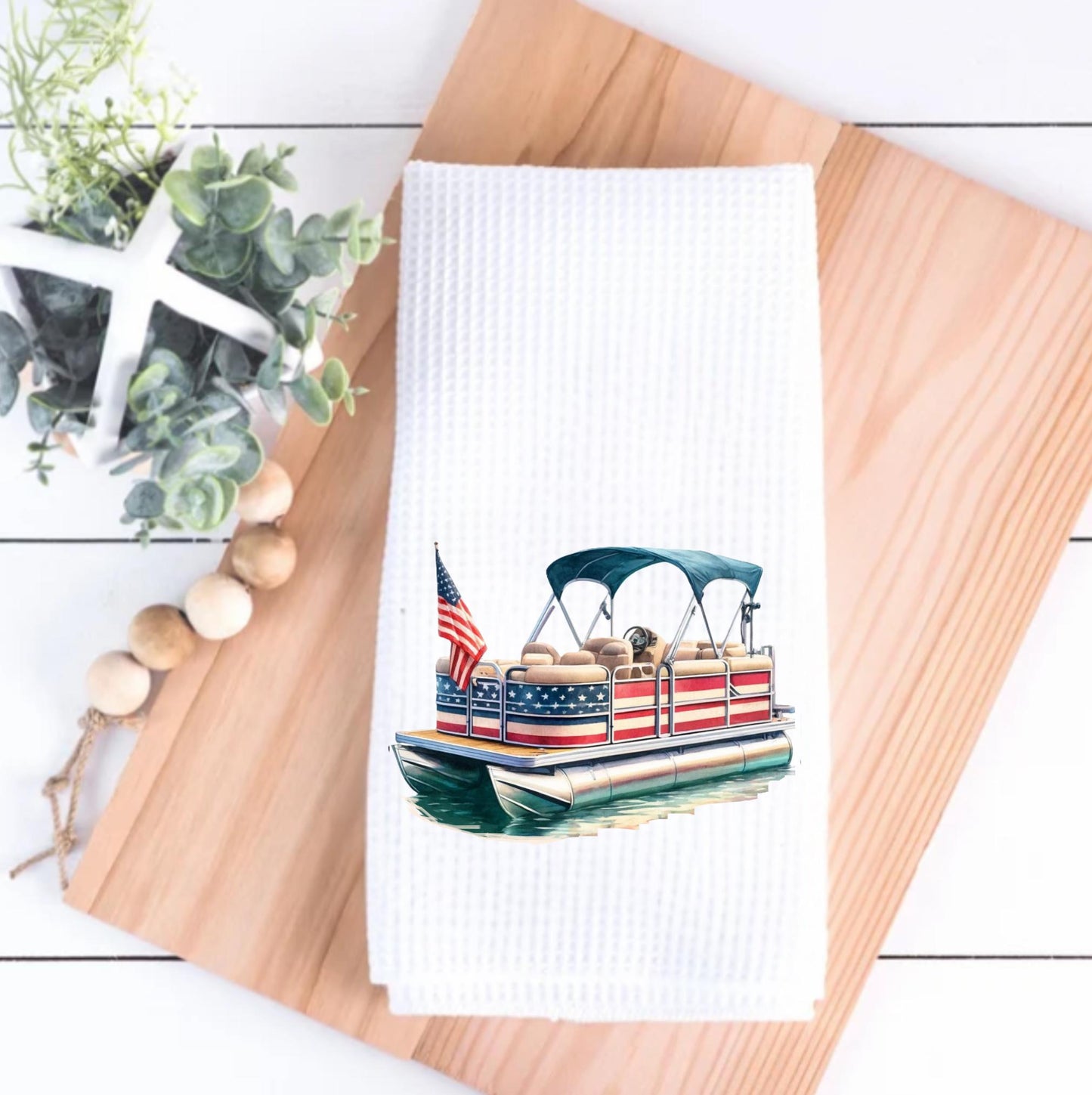 Personalized Patriotic Pontoon Boat Tea Towel : American Decor