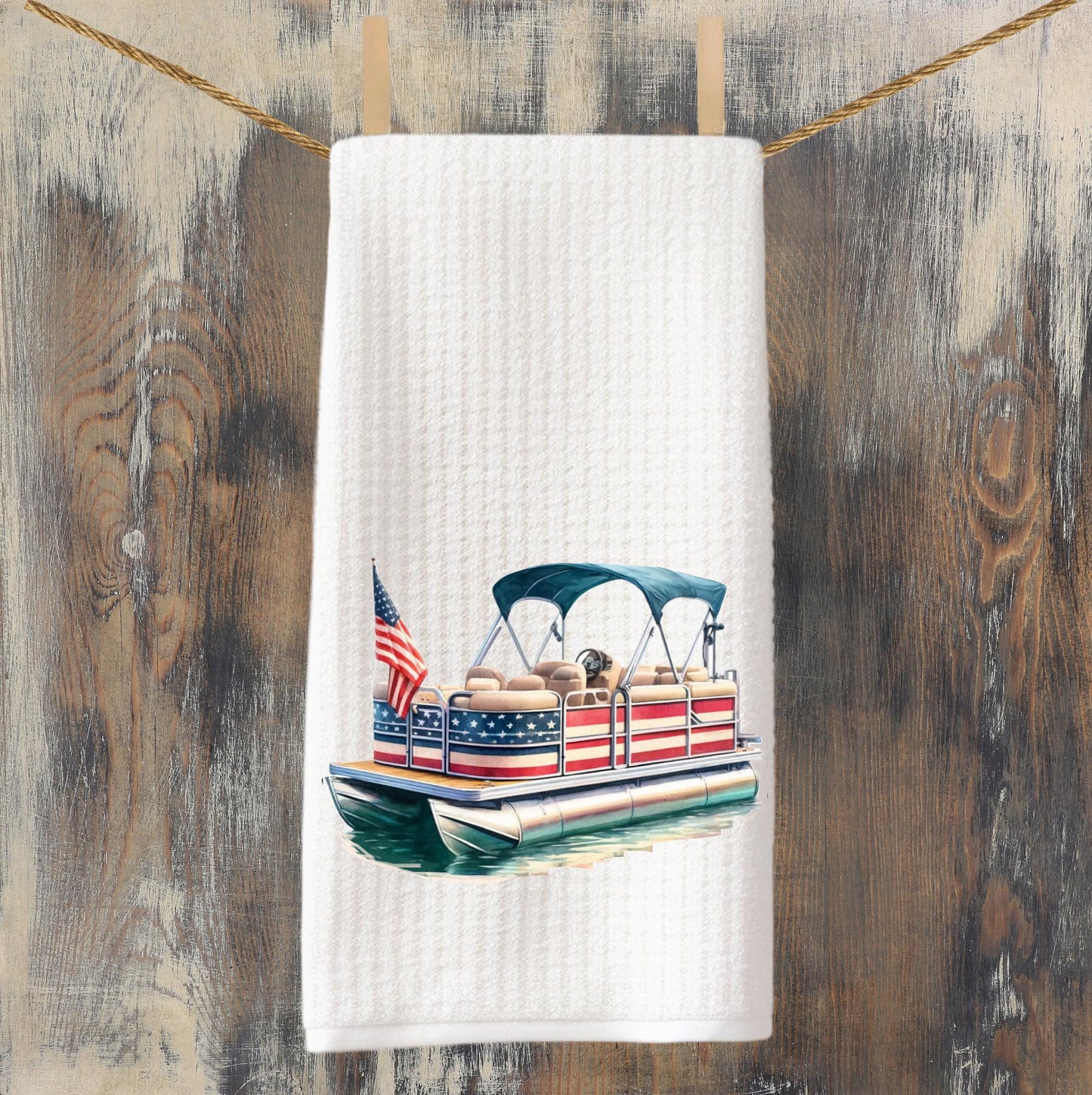 Personalized Patriotic Pontoon Boat Tea Towel : American Decor