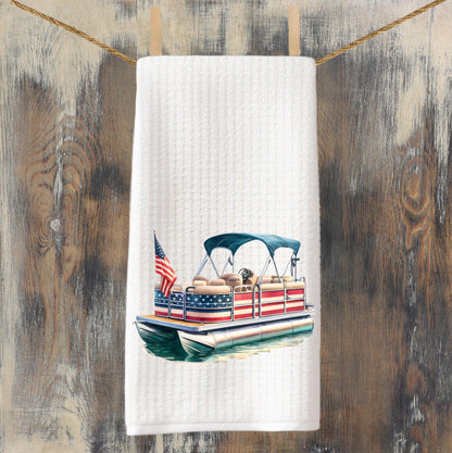 Personalized Patriotic Pontoon Boat Tea Towel : American Decor