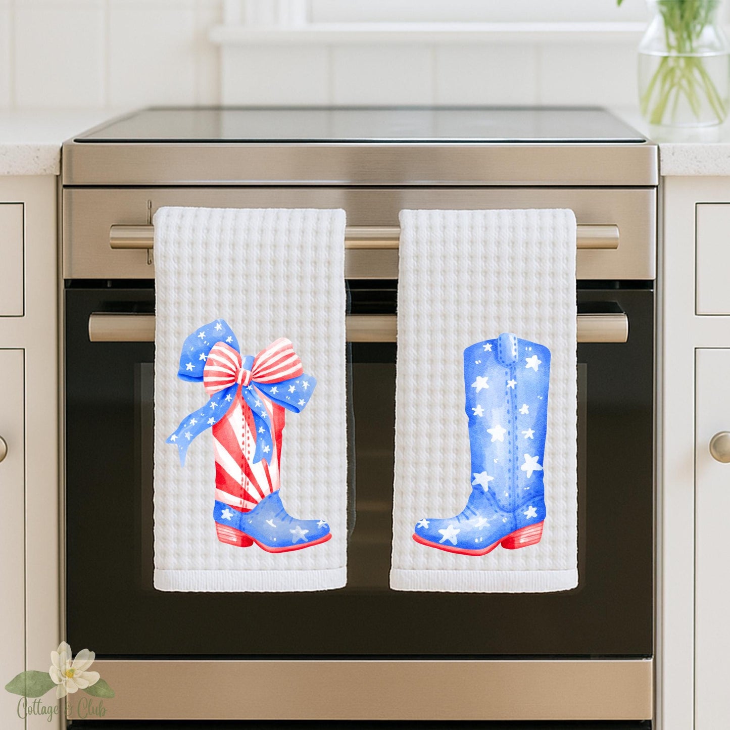 Patriotic Cowboy Boot Tea Towel Set | 4th of July Waffle Weave