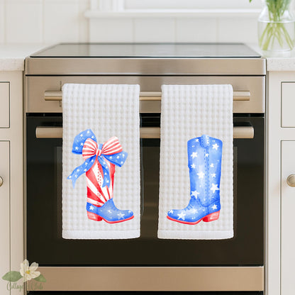 Patriotic Cowboy Boot Tea Towel Set | 4th of July Waffle Weave