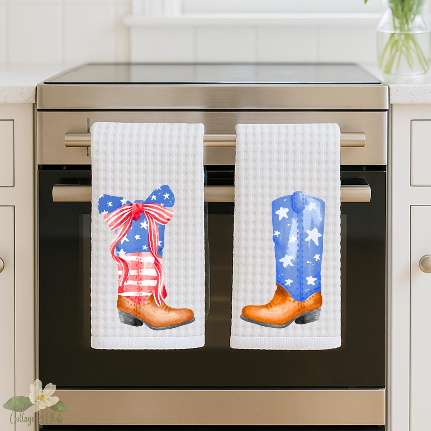 Patriotic Cowboy Boot Tea Towel Set | 4th of July Waffle Weave