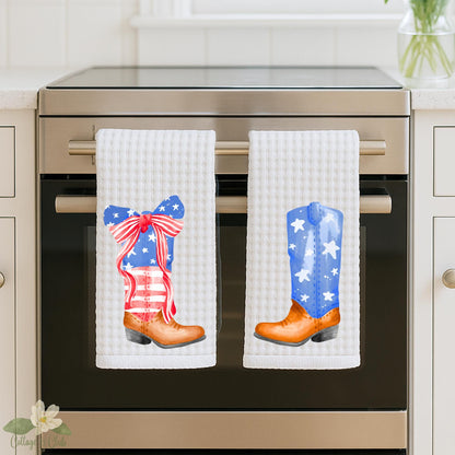 Patriotic Cowboy Boot Tea Towel Set | 4th of July Waffle Weave