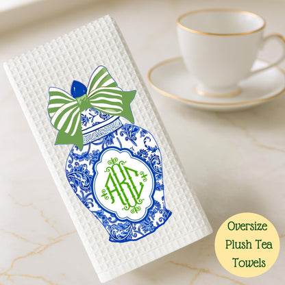 Blue & White Ginger Jar Topiary Tea Towel Set: Grand Millennial Decor