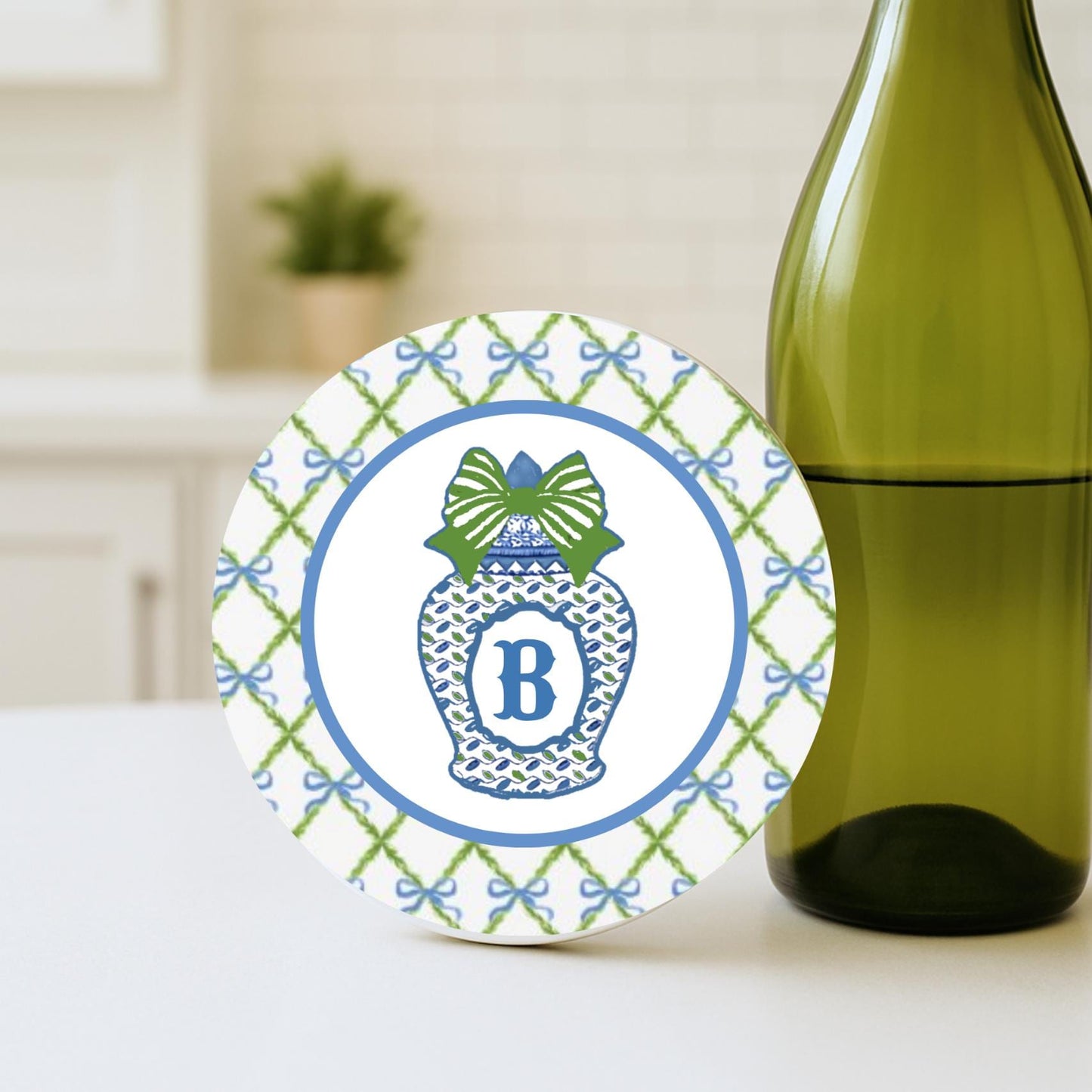 Monogrammed Chinoiserie Coasters: Preppy Blue & White Ceramic Drink Coasters