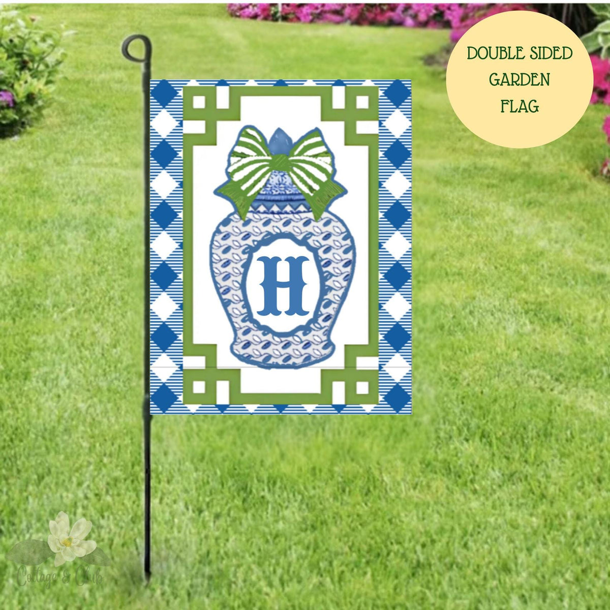 Preppy Monogram Garden Flag: Blue & White Chinoiserie Bunny Ginger Jar