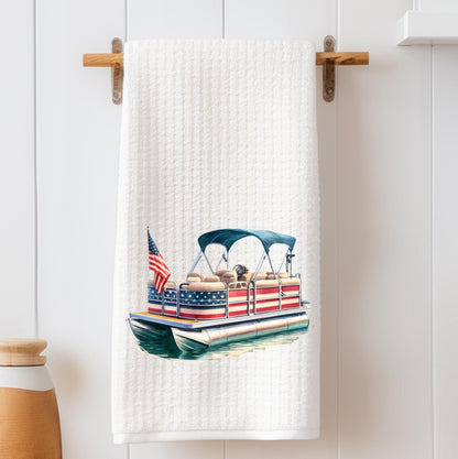 Personalized Patriotic Pontoon Boat Tea Towel : American Decor