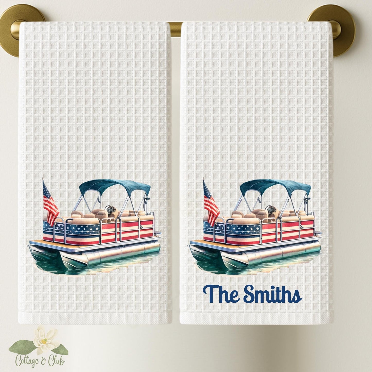 Personalized Patriotic Pontoon Boat Tea Towel : American Decor