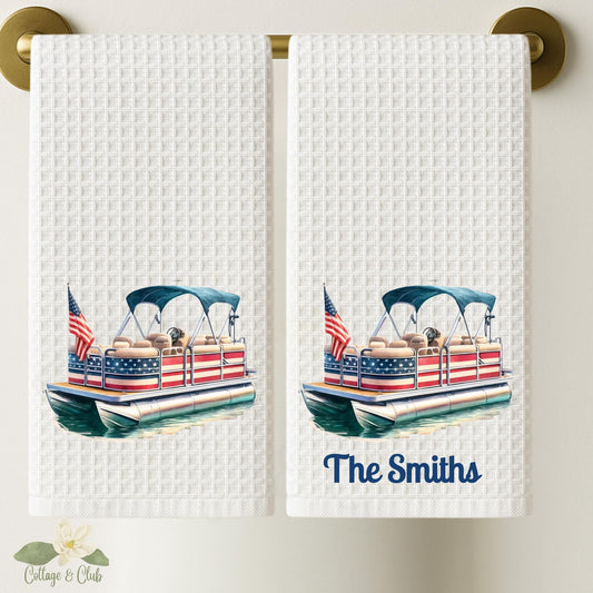 Personalized Patriotic Pontoon Boat Tea Towel : American Decor