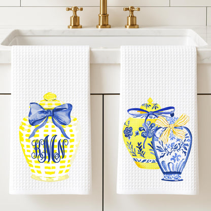 Monogram Tea Towel Set: Blue & Yellow Chinoiserie Ginger Jar Decor