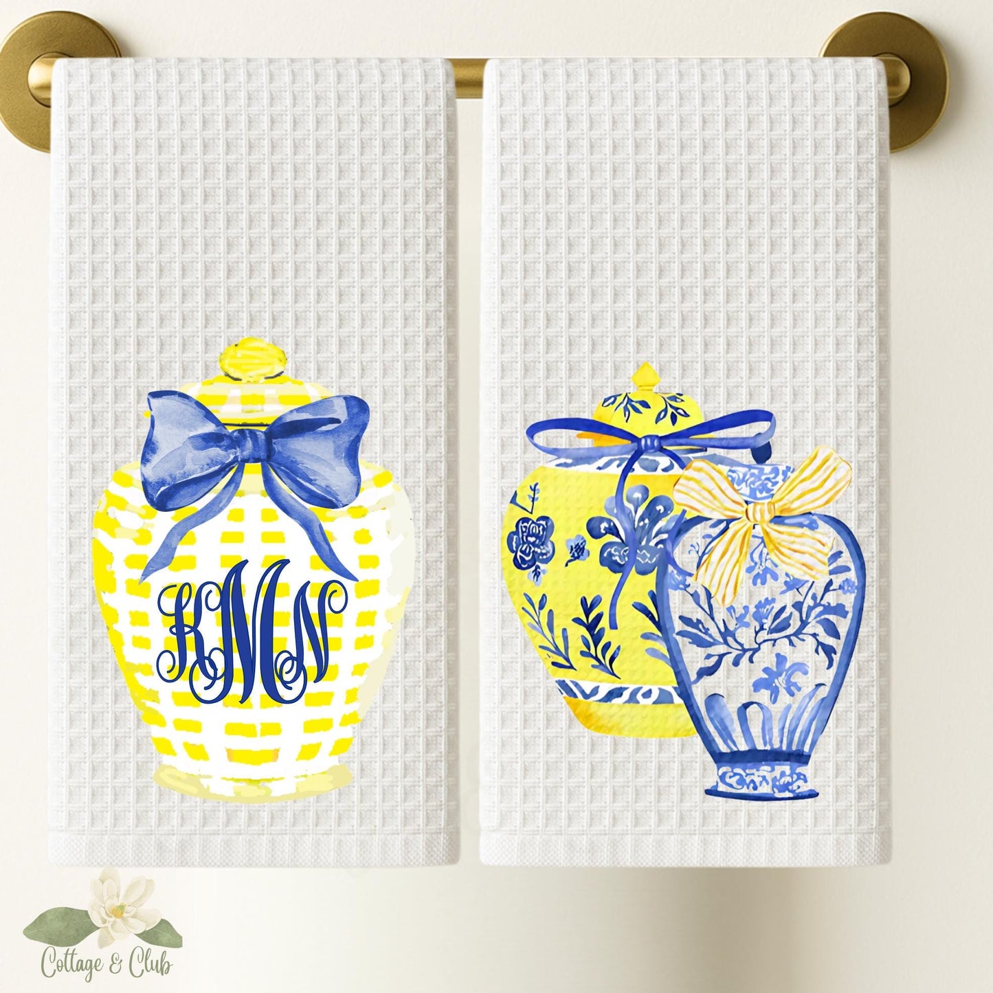 Monogram Tea Towel Set: Blue & Yellow Chinoiserie Ginger Jar Decor