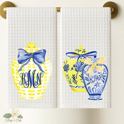 Monogram Tea Towel Set: Blue & Yellow Chinoiserie Ginger Jar Decor
