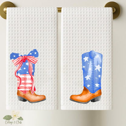 Patriotic Cowboy Boot Tea Towel Set | 4th of July Waffle Weave