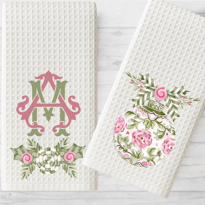 Personalized Pink & Green Christmas Tree Tea Towel