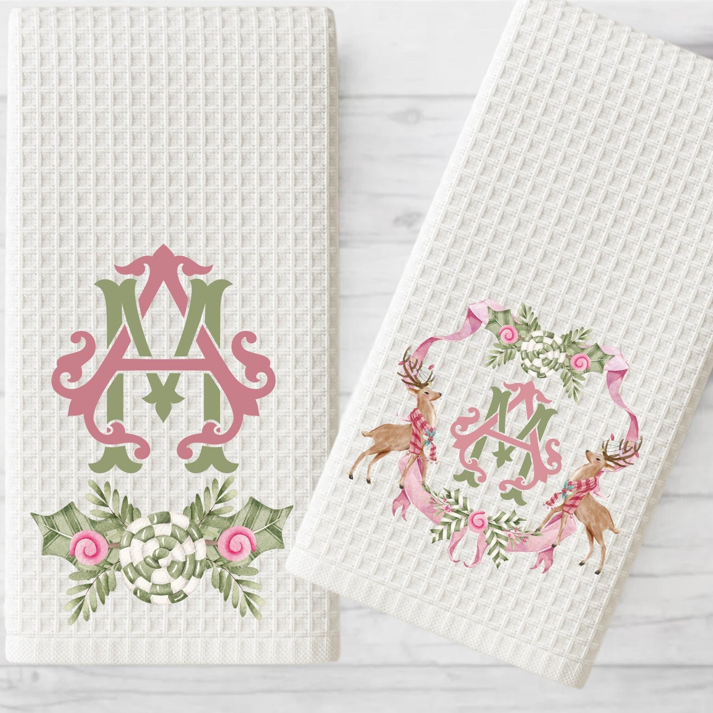 Personalized Pink & Green Christmas Tree Tea Towel