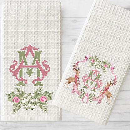 Personalized Pink & Green Christmas Tree Tea Towel