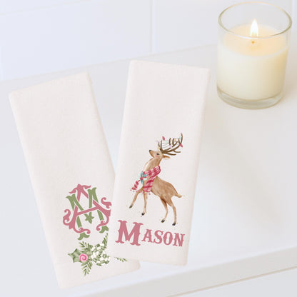 Preppy Pink and Green Christmas Powder Room Fingertip Hand Towels - Personalized Towels For Bathroom