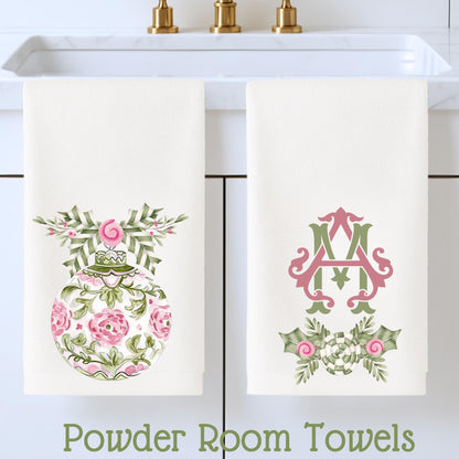 Preppy Pink and Green Christmas Powder Room Fingertip Hand Towels - Personalized Towels For Bathroom