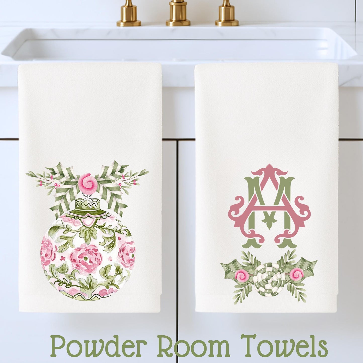 Preppy Pink and Green Christmas Powder Room Fingertip Hand Towels