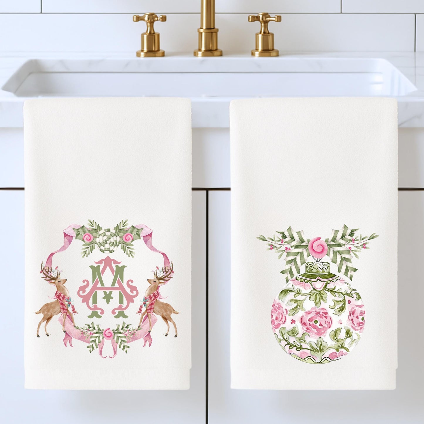 Preppy Pink and Green Christmas Powder Room Fingertip Hand Towels - Personalized Towels For Bathroom