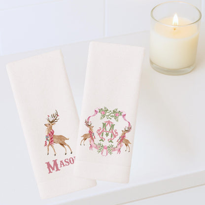 Preppy Pink and Green Christmas Powder Room Fingertip Hand Towels