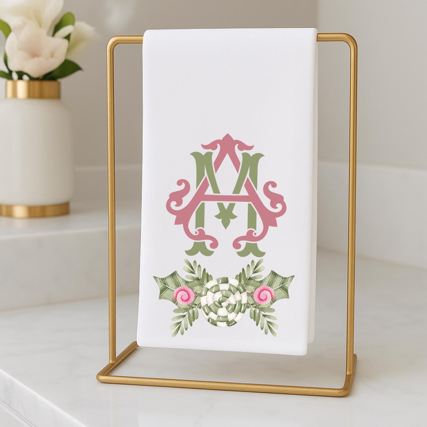 Preppy Pink and Green Christmas Powder Room Fingertip Hand Towels