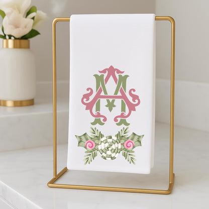Preppy Pink and Green Christmas Powder Room Fingertip Hand Towels - Personalized Towels For Bathroom