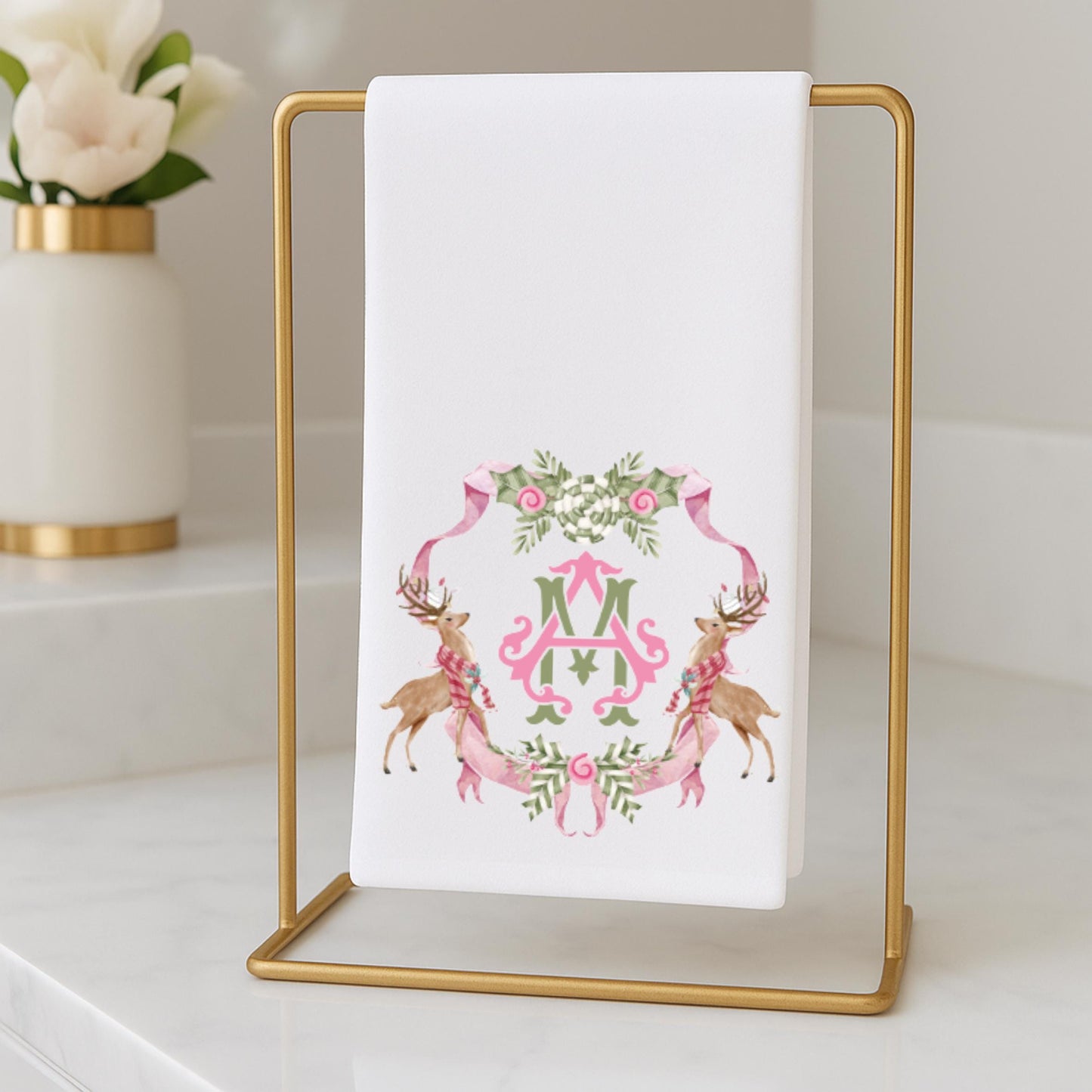 Preppy Pink and Green Christmas Powder Room Fingertip Hand Towels